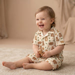 MiniBelly Kids wear half shirt and pants co-ord set with cute brown bears and green leaves on light fabric for infants.