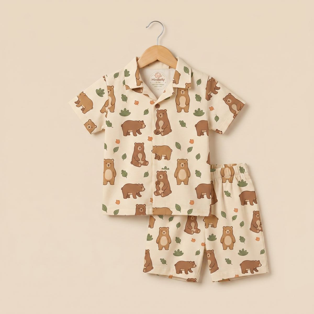 MiniBelly kids' half shirt and pant co-ord set with brown bears and green leaves on light cotton fabric for ages 0-9 months