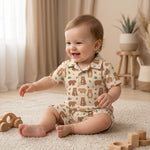MiniBelly kids' half shirt and pants co-ord set featuring cute brown bears and green leaves on light fabric, made from 100% cotton.