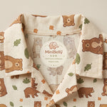 MiniBelly kids' co-ord set with half shirt and pants featuring cute brown bears and green leaves on light cotton fabric.