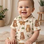 MiniBelly kids' co-ord set with a half shirt and pants, featuring cute brown bears and green leaves on light cotton fabric for ages 0-6 months.
