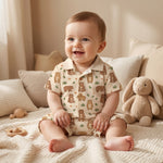 MiniBelly kids' co-ord set with half shirt and pants featuring cute brown bears and green leaves on light fabric, 100% cotton.