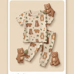 MiniBelly kids' co-ord set with half shirt and pants featuring cute brown bears and green leaves on light fabric, 100% cotton.
