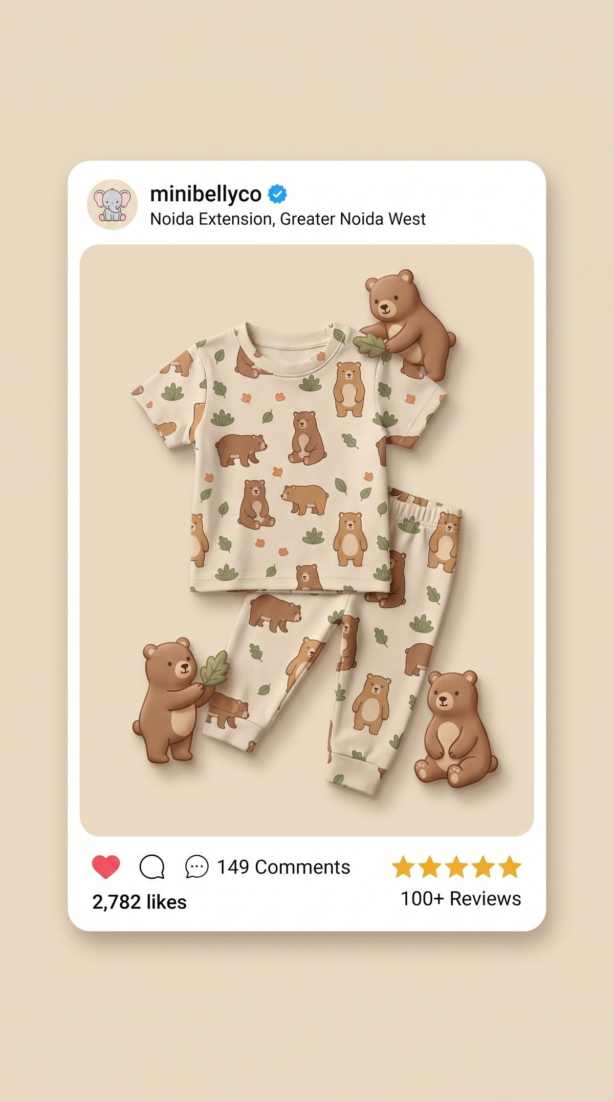 MiniBelly kids' co-ord set with half shirt and pants featuring cute brown bears and green leaves on light fabric, 100% cotton.
