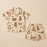 MiniBelly kids' co-ord set with half shirt and pants featuring cute brown bears and green leaves on light cotton fabric for babies.