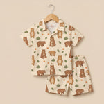 MiniBelly kids' co-ord set with half shirt and pants featuring cute brown bears and green leaves on light fabric.