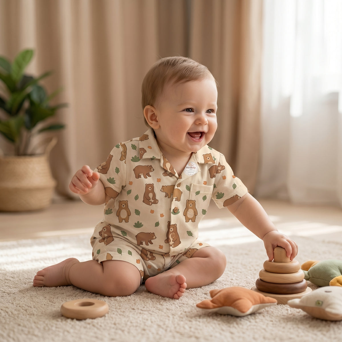 MiniBelly Kids wear half shirt and pants co-ord set with cute brown bears and green leaves on light fabric, made of 100% cotton.