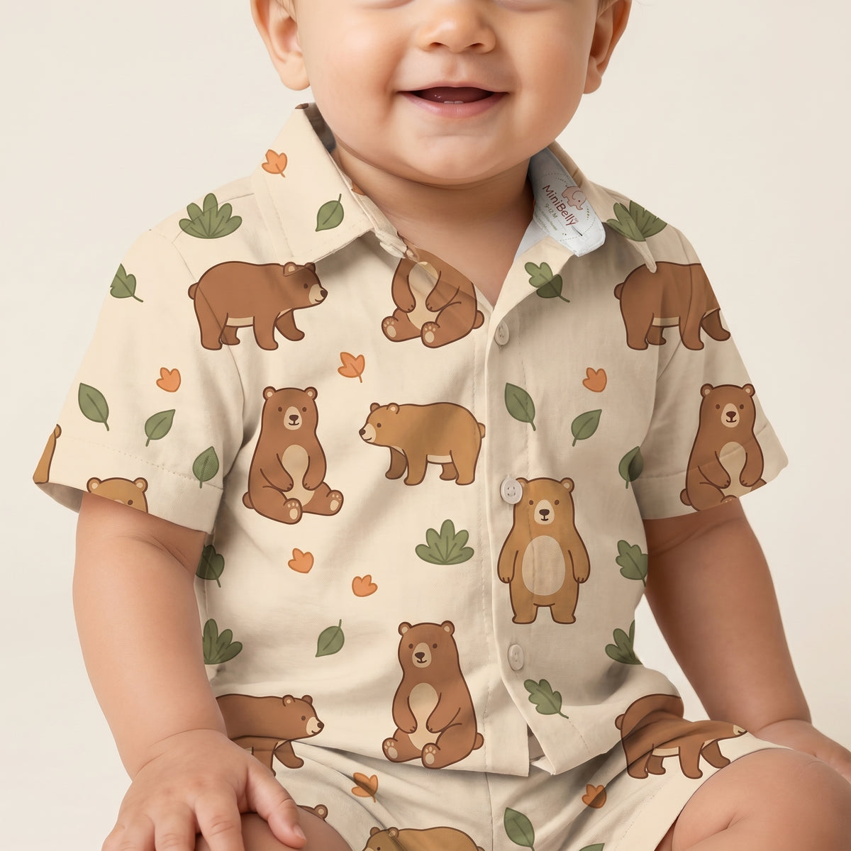 MiniBelly kids' half shirt and pants co-ord set with cute brown bears and green leaves on light cotton fabric for infants.