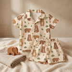 MiniBelly kids' co-ord set with half shirt and pants featuring cute brown bears and green leaves on light fabric, made of 100% cotton.