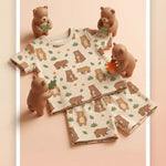 MiniBelly kids' half shirt and pant co-ord set with cute brown bears and green leaves on light fabric, made from 100% cotton.