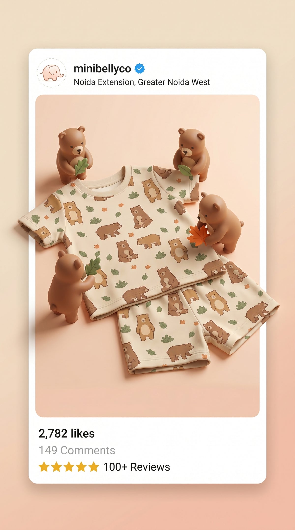 MiniBelly kids' half shirt and pant co-ord set with cute brown bears and green leaves on light fabric, made from 100% cotton.