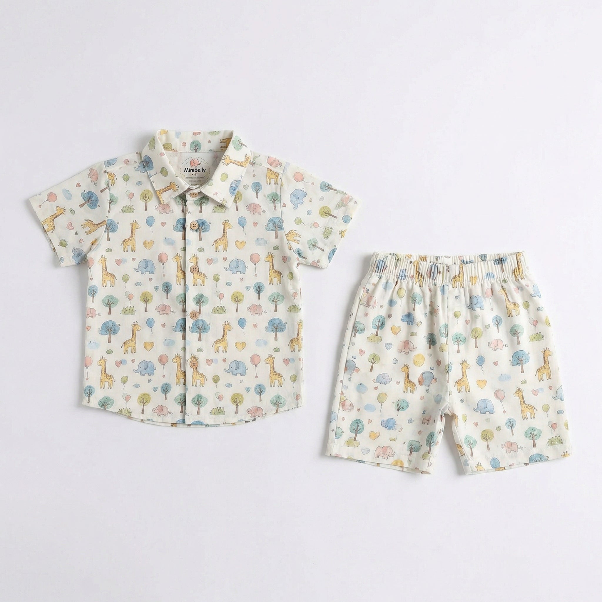 MiniBelly Half Shirt Pant Co-ord Set Cute cartoon giraffes and elephants with balloons and trees nursery print 100% Cotton - minibelly