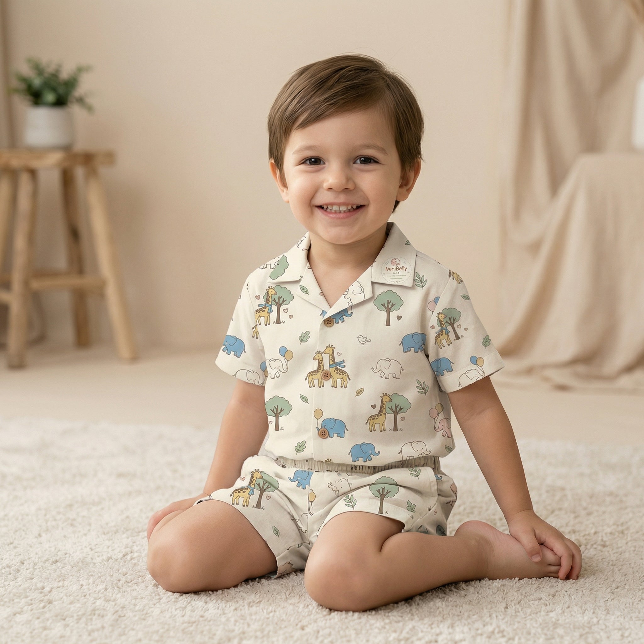 MiniBelly Half Shirt Pant Co-ord Set Cute cartoon giraffes and elephants with balloons and trees nursery print 100% Cotton - minibelly