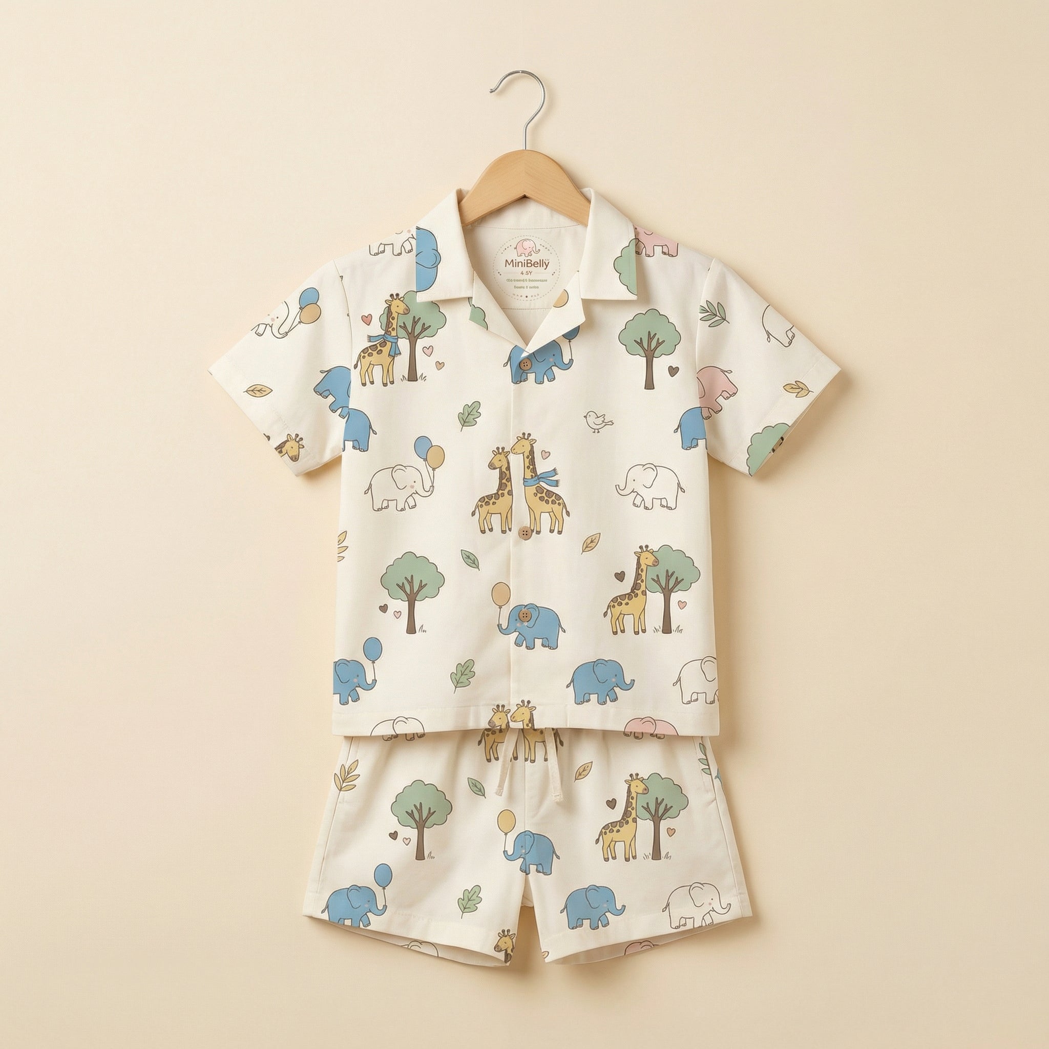 MiniBelly Half Shirt Pant Co-ord Set Cute cartoon giraffes and elephants with balloons and trees nursery print 100% Cotton - minibelly