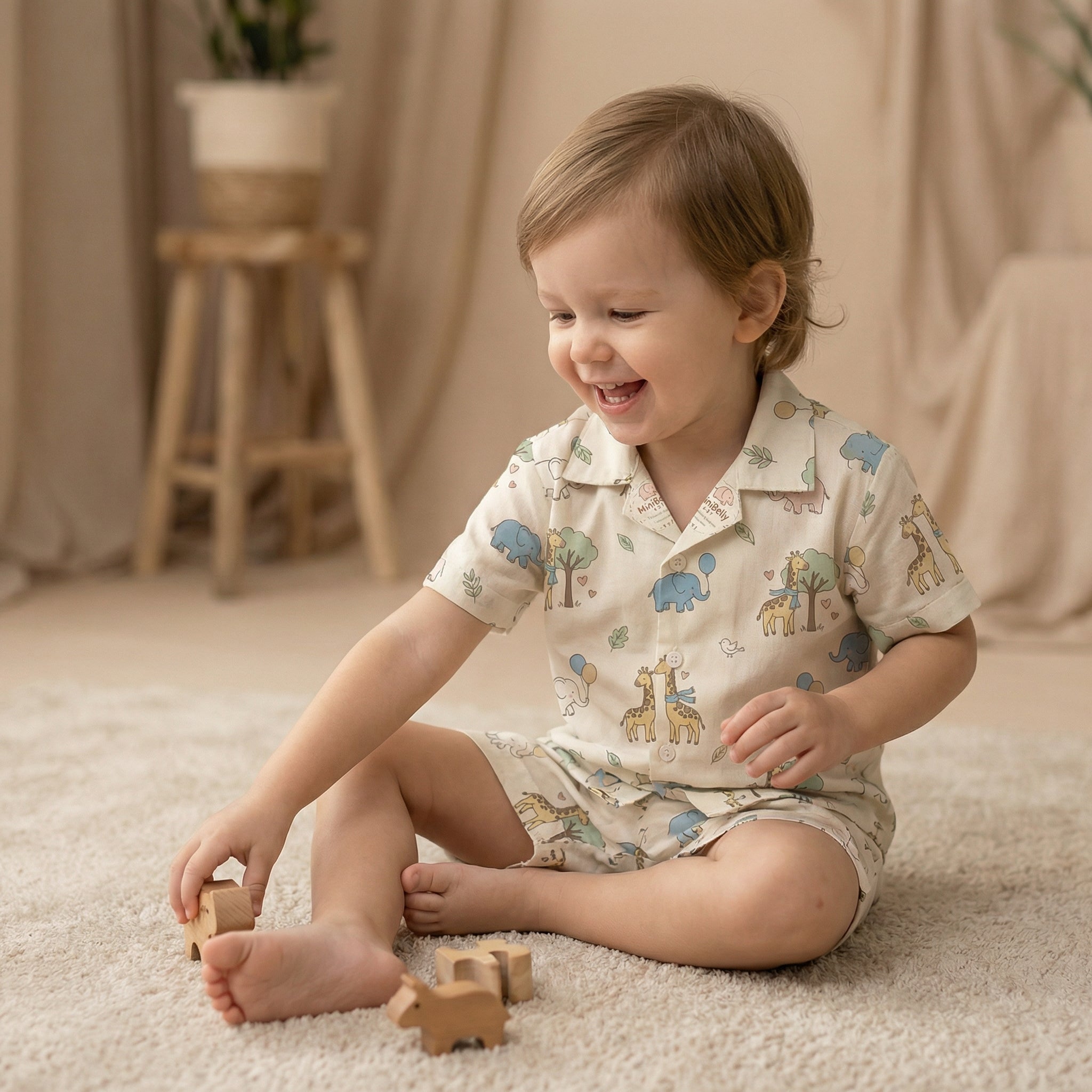 MiniBelly Half Shirt Pant Co-ord Set Cute cartoon giraffes and elephants with balloons and trees nursery print 100% Cotton - minibelly