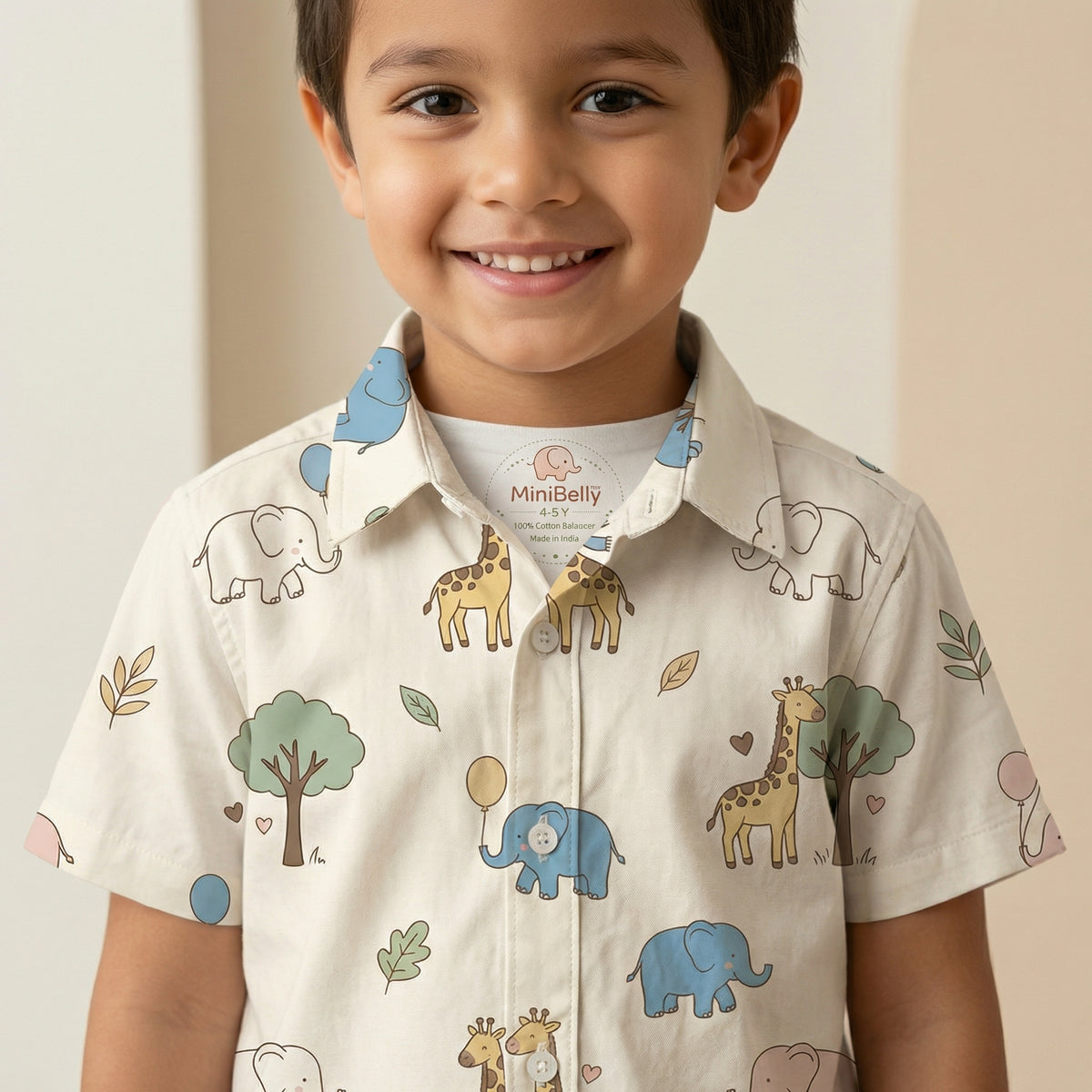 MiniBelly Half Shirt Pant Co-ord Set Cute cartoon giraffes and elephants with balloons and trees nursery print 100% Cotton - minibelly