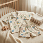 MiniBelly Half Shirt Pant Co-ord Set Cute cartoon giraffes and elephants with balloons and trees nursery print 100% Cotton - minibelly
