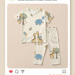MiniBelly Half Shirt Pant Co-ord Set Cute cartoon giraffes and elephants with balloons and trees nursery print 100% Cotton - minibelly