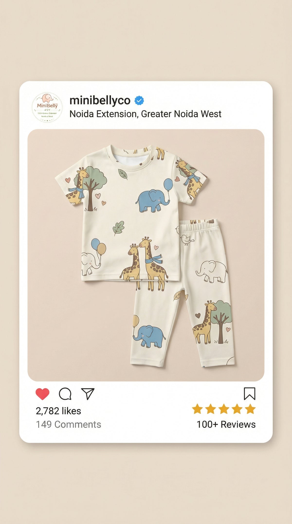 MiniBelly Half Shirt Pant Co-ord Set Cute cartoon giraffes and elephants with balloons and trees nursery print 100% Cotton - minibelly