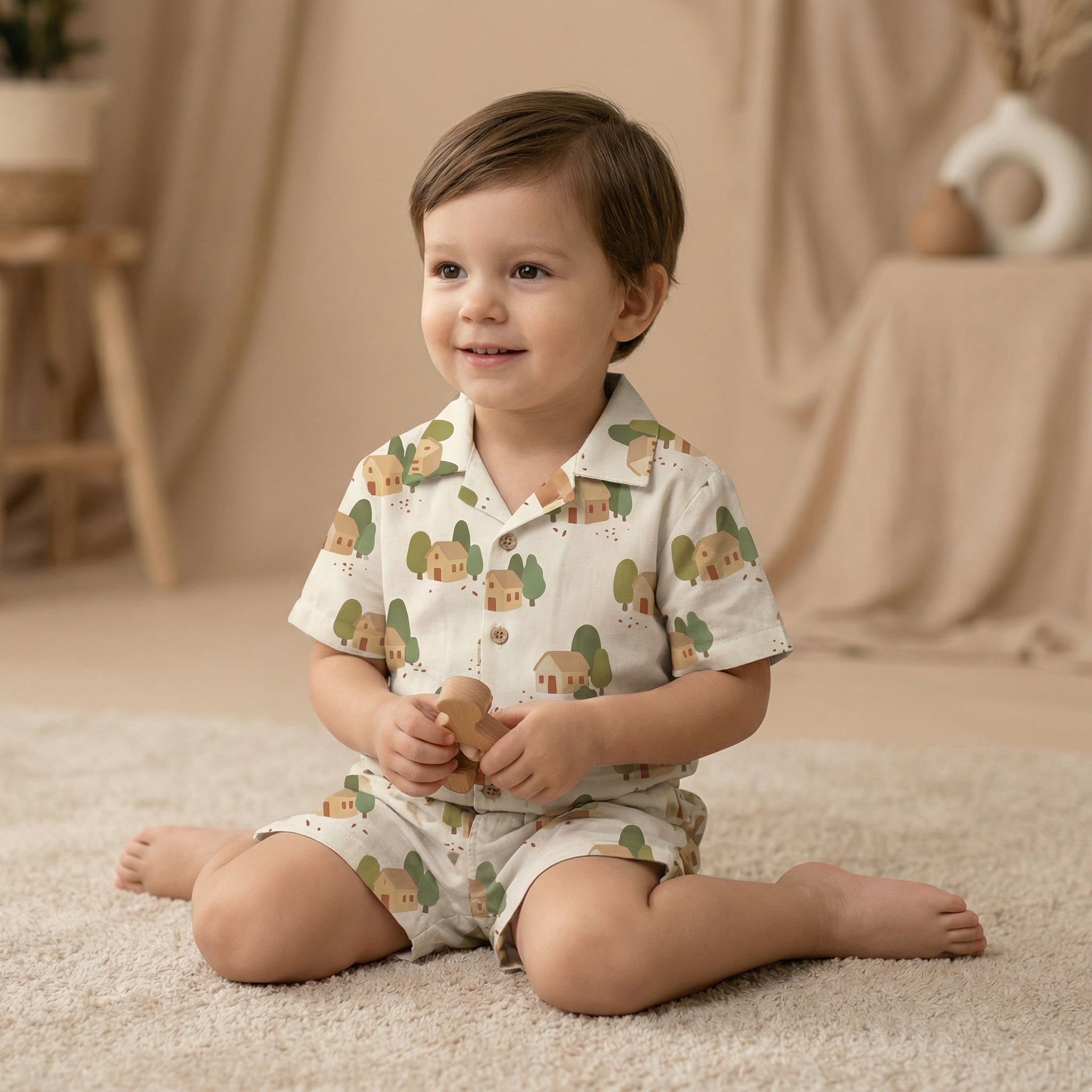 MiniBelly Half Shirt Pant Co-ord Set Minimalist earth-toned cottages and trees scenery pattern 100% Cotton - minibelly