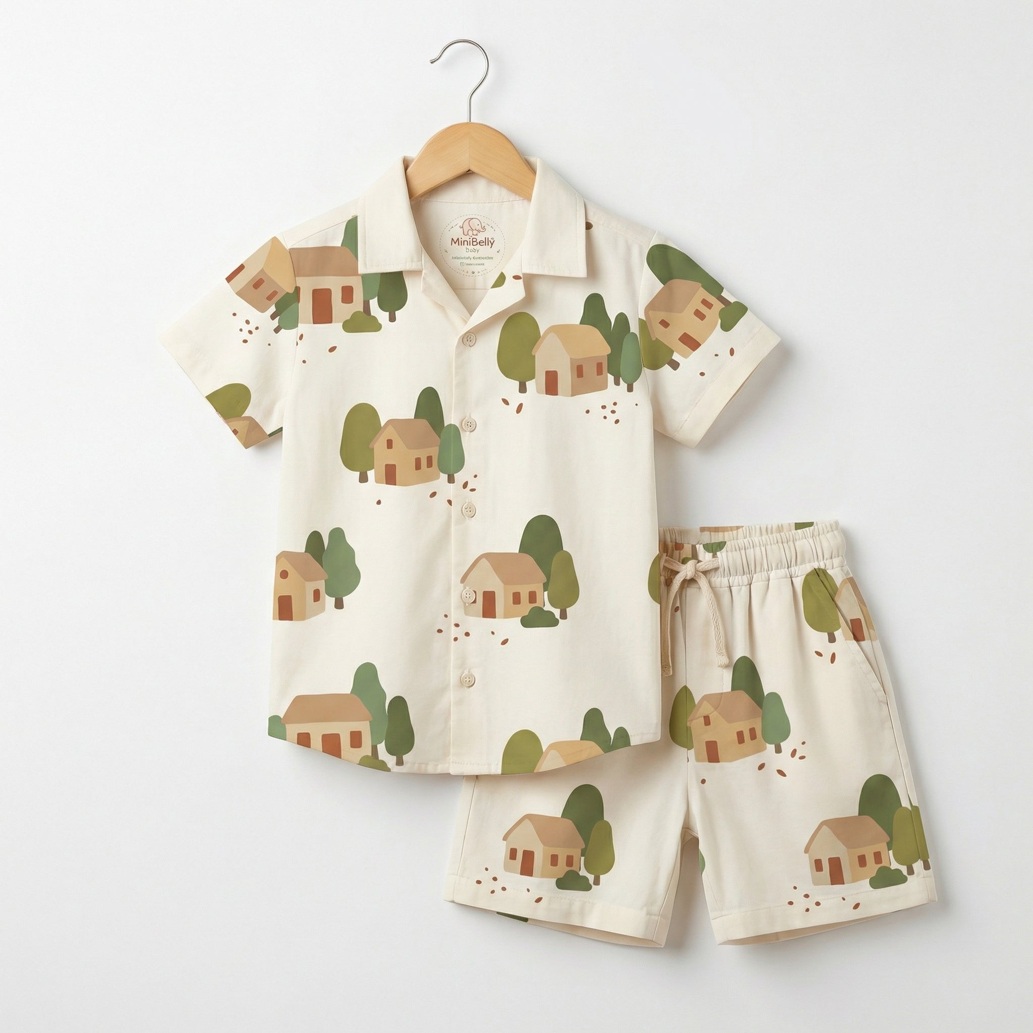 MiniBelly Half Shirt Pant Co-ord Set Minimalist earth-toned cottages and trees scenery pattern 100% Cotton - minibelly