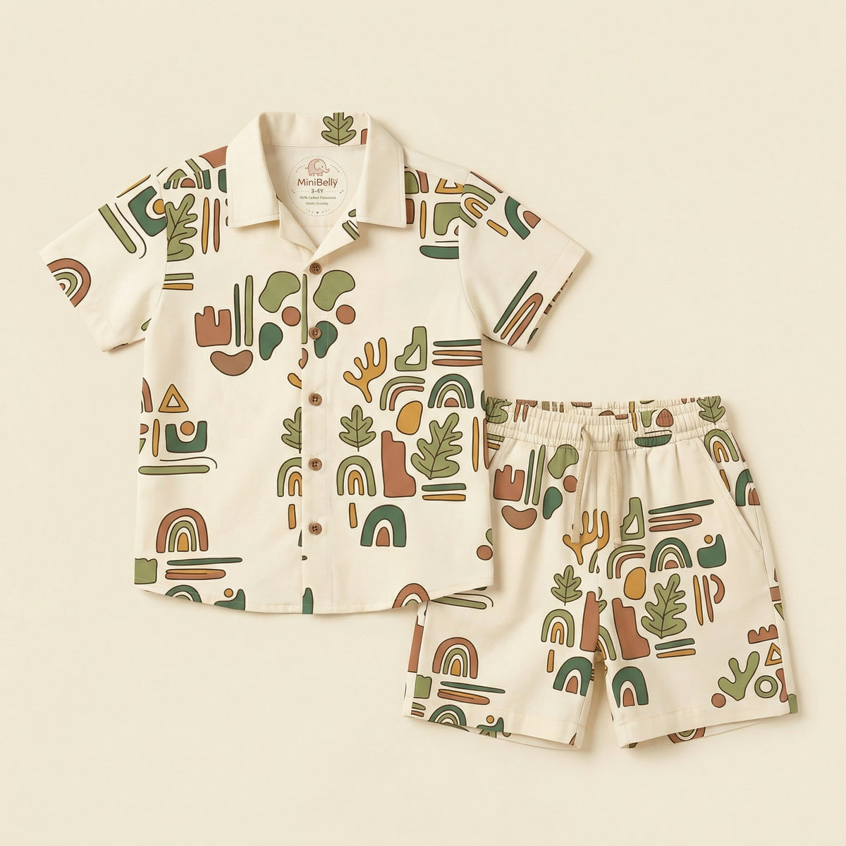 MiniBelly Half Shirt Pant Co-ord Set Abstract boho composition with organic shapes, leaves, and rainbows in earth tones 100% Cotton - minibelly