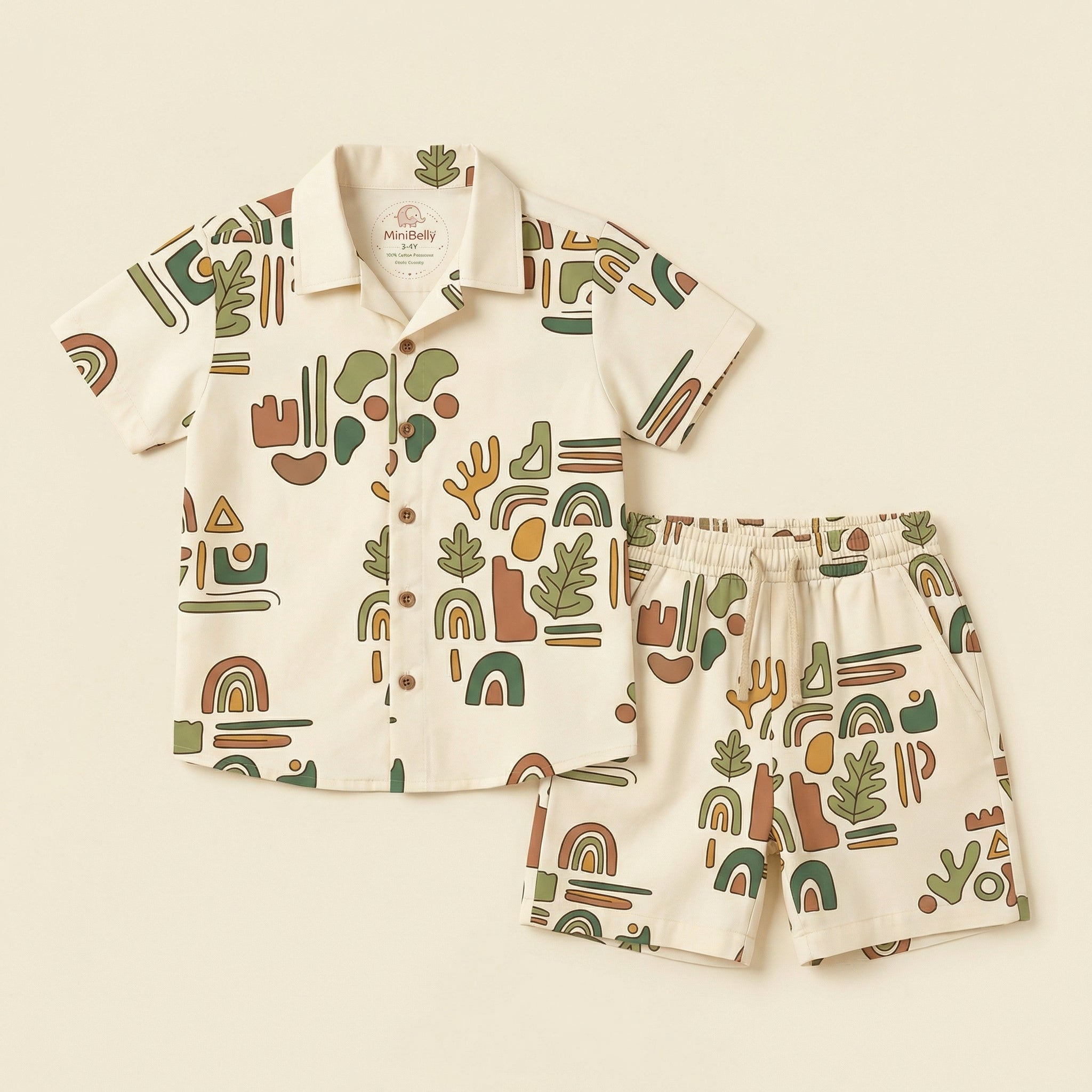 MiniBelly Half Shirt Pant Co-ord Set Abstract boho composition with organic shapes, leaves, and rainbows in earth tones 100% Cotton - minibelly