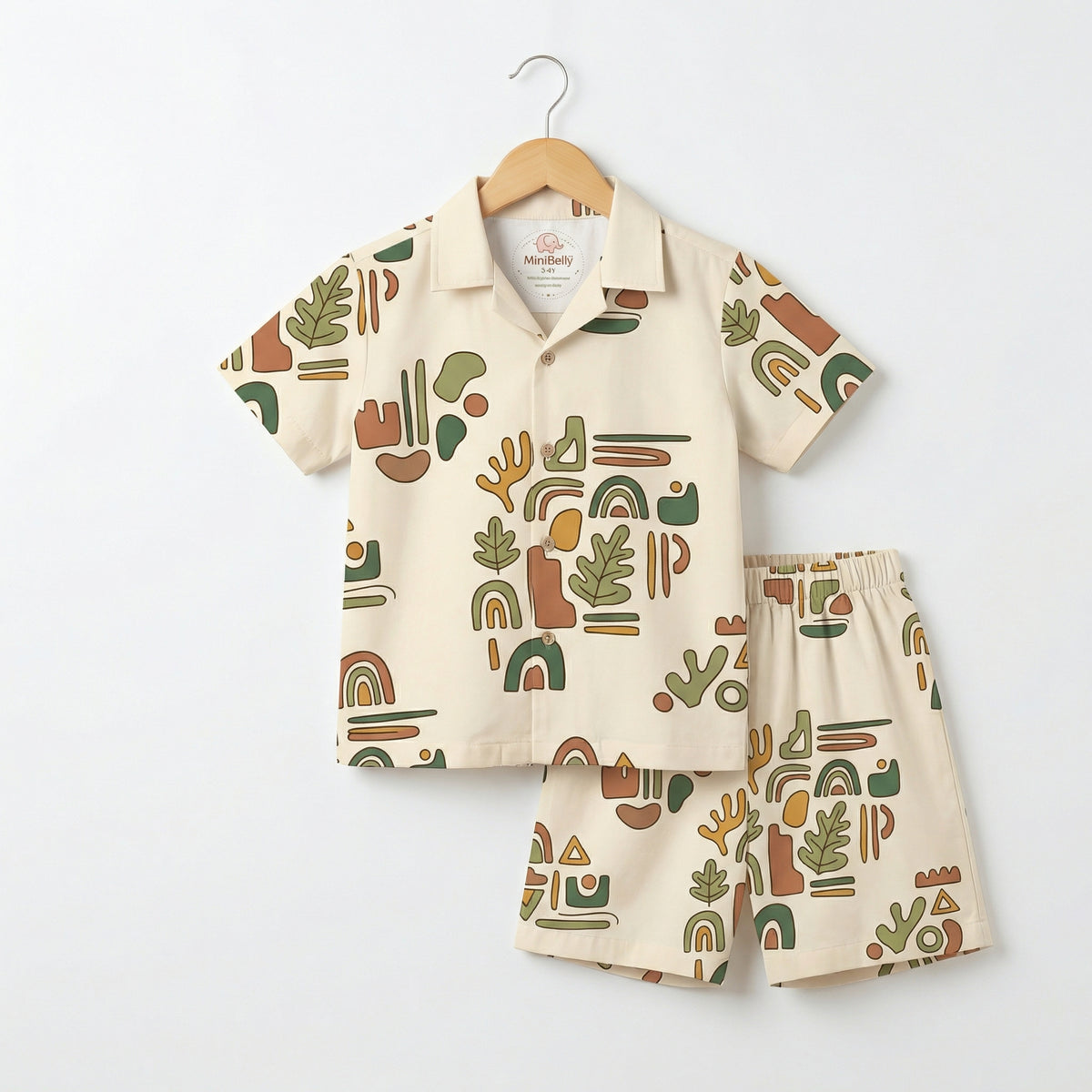 MiniBelly Half Shirt Pant Co-ord Set Abstract boho composition with organic shapes, leaves, and rainbows in earth tones 100% Cotton - minibelly