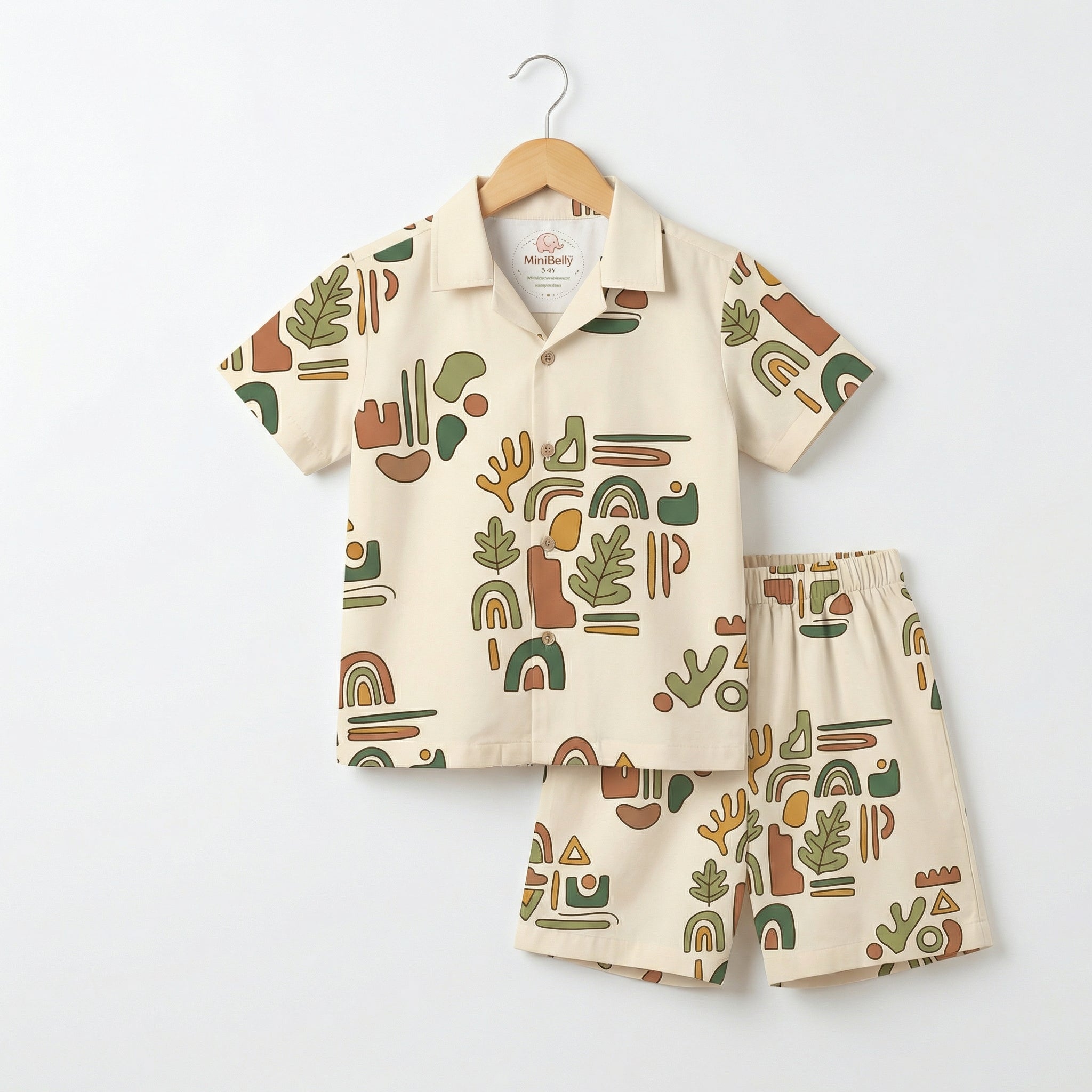 MiniBelly Half Shirt Pant Co-ord Set Abstract boho composition with organic shapes, leaves, and rainbows in earth tones 100% Cotton - minibelly