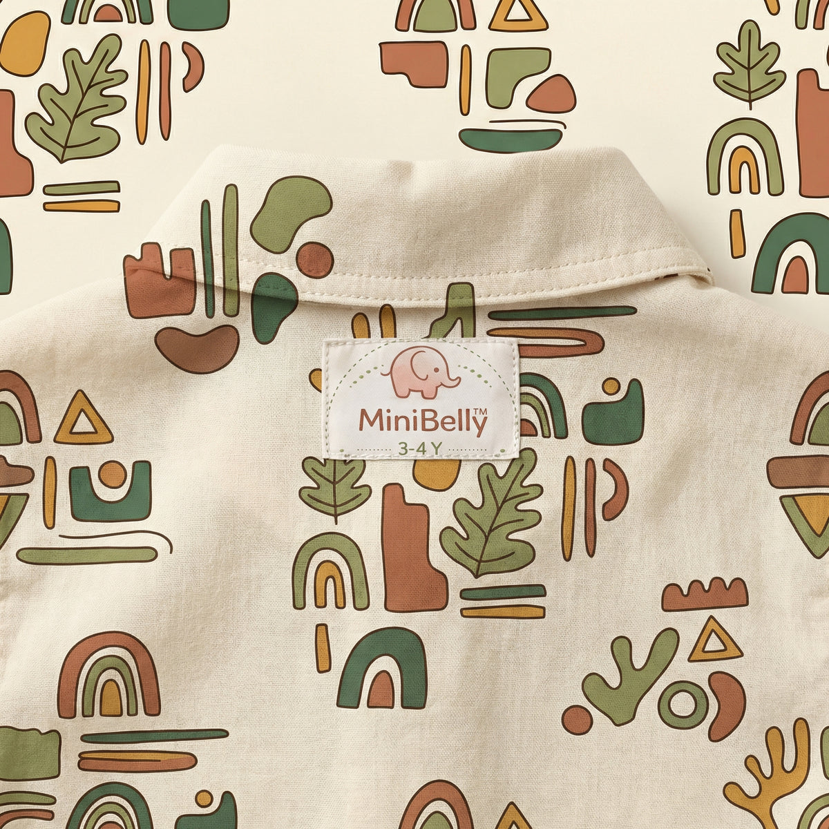 MiniBelly Half Shirt Pant Co-ord Set Abstract boho composition with organic shapes, leaves, and rainbows in earth tones 100% Cotton - minibelly