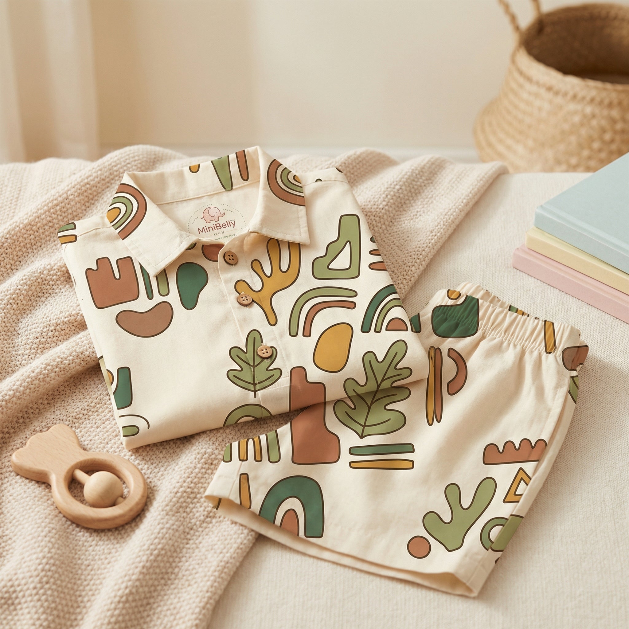 MiniBelly Half Shirt Pant Co-ord Set Abstract boho composition with organic shapes, leaves, and rainbows in earth tones 100% Cotton - minibelly