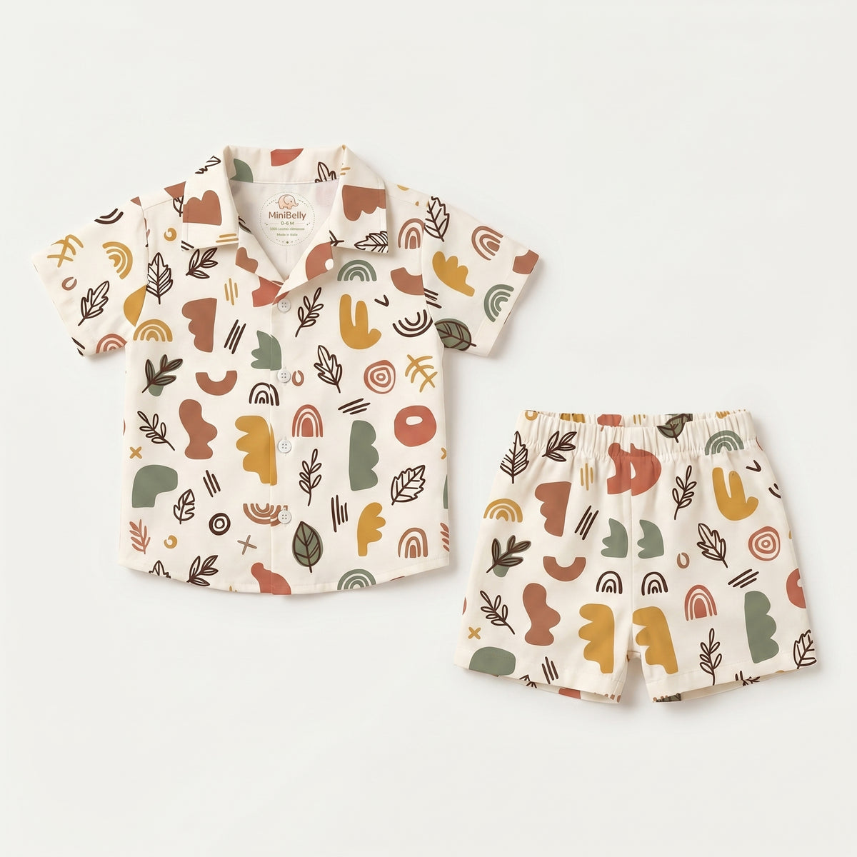 MiniBelly kids' half shirt and pant co-ord set in abstract shapes and leaves, 100% cotton, soft fabric in earthy tones for ages 0-6 months.