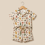 MiniBelly kids co-ord set featuring a half shirt and pants with abstract shapes and leaves in earthy tones on soft cotton fabric.
