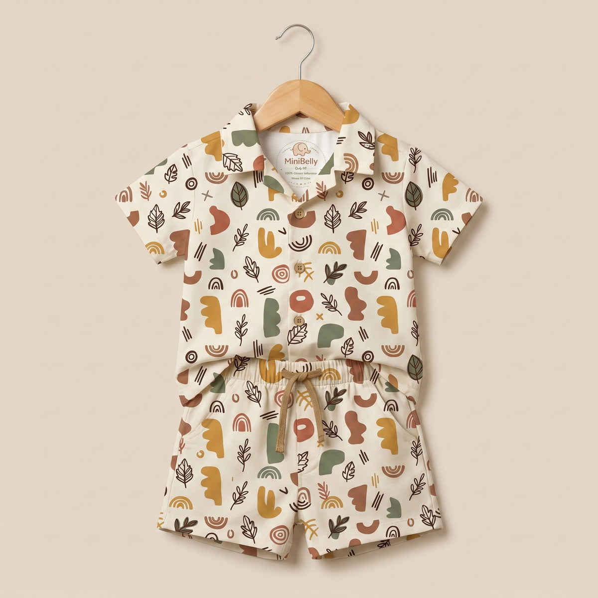 MiniBelly kids co-ord set featuring a half shirt and pants with abstract shapes and leaves in earthy tones on soft cotton fabric.