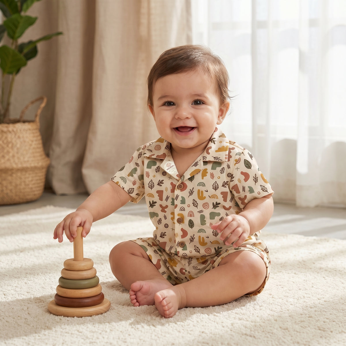 MiniBelly kids co-ord set with half shirt and pants featuring abstract shapes and leaves in earthy tones, made of soft 100% cotton.