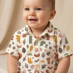 MiniBelly Kids Wear half shirt and pants co-ord set with abstract shapes and leaves in earthy tones, made of soft 100% cotton.