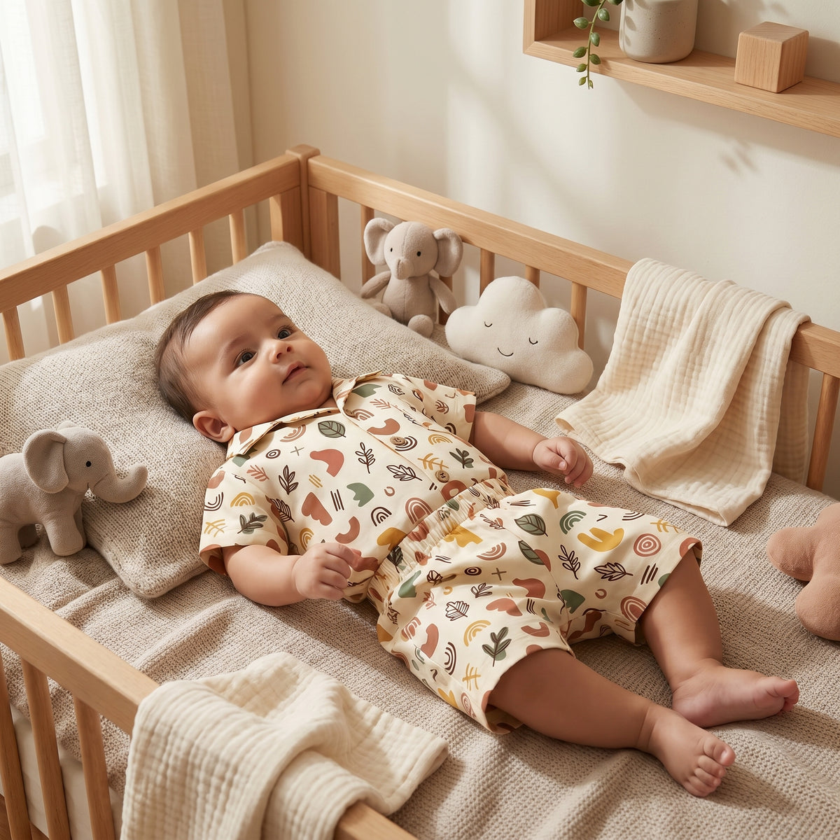 MiniBelly kids wear half shirt and pants co-ord set with abstract shapes and leaves in earthy tones, made from soft 100% cotton.