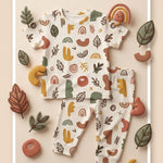MiniBelly kids co-ord set with half shirt and pants in abstract shapes and leaves, made from soft 100% cotton in earthy tones.