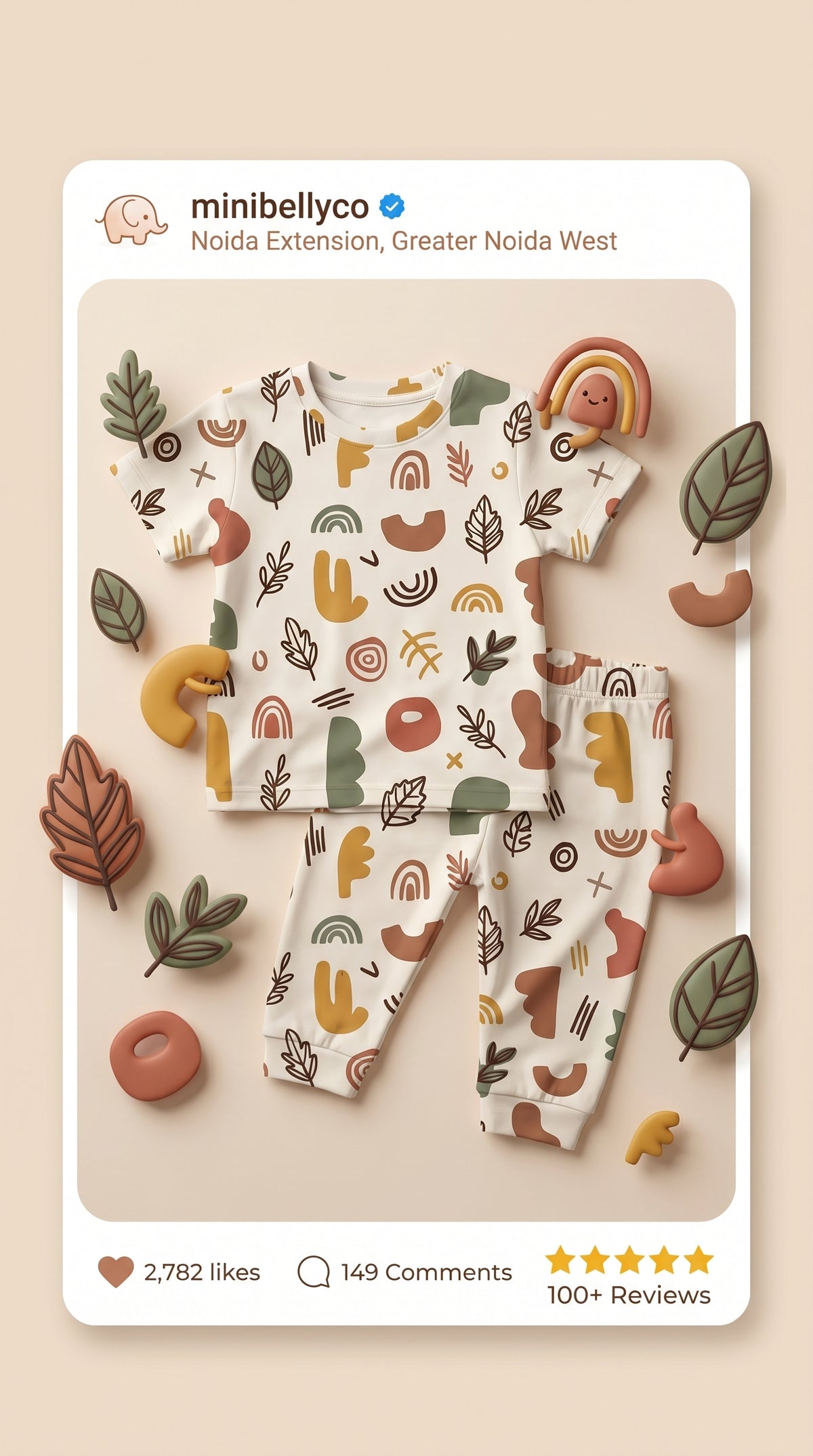 MiniBelly kids co-ord set with half shirt and pants in abstract shapes and leaves, made from soft 100% cotton in earthy tones.