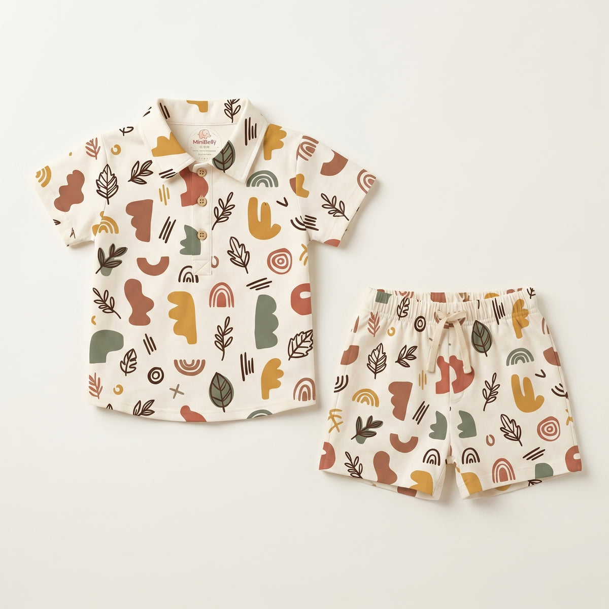 MiniBelly kids co-ord set with half shirt and pants featuring abstract shapes and leaves in earthy tones, made from soft 100% cotton.