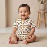 MiniBelly kids' co-ord set with half shirt and pants in abstract shapes and leaves, made of soft cotton in earthy tones.
