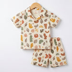 MiniBelly kids' co-ord set with half shirt and pants in abstract shapes and leaves, made of soft 100% cotton in earthy tones.