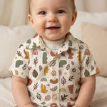 MiniBelly kids' co-ord set with half shirt and pants, featuring abstract shapes and leaves in earthy tones on soft cotton fabric.