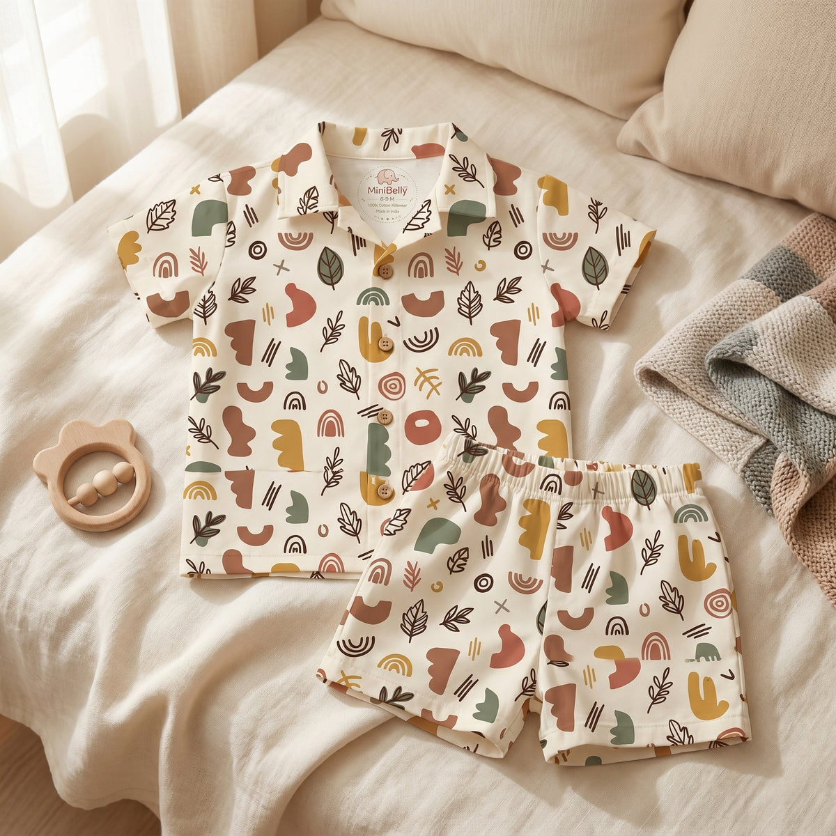 MiniBelly kids' co-ord set with half shirt and pants, featuring abstract shapes and leaves in earthy tones on soft cotton fabric.