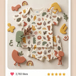 MiniBelly kids' co-ord set with half shirt and pants in abstract shapes and leaves, made of soft 100% cotton in earthy tones.