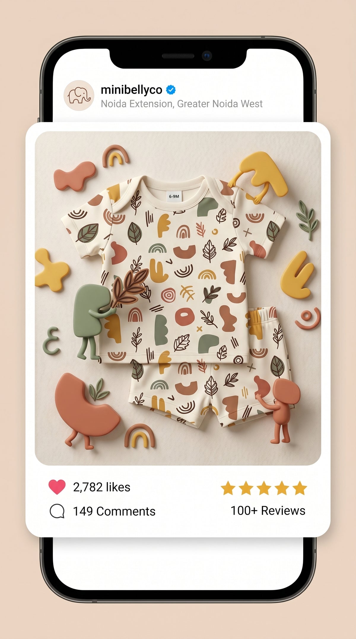 MiniBelly kids' co-ord set with half shirt and pants in abstract shapes and leaves, made of soft 100% cotton in earthy tones.