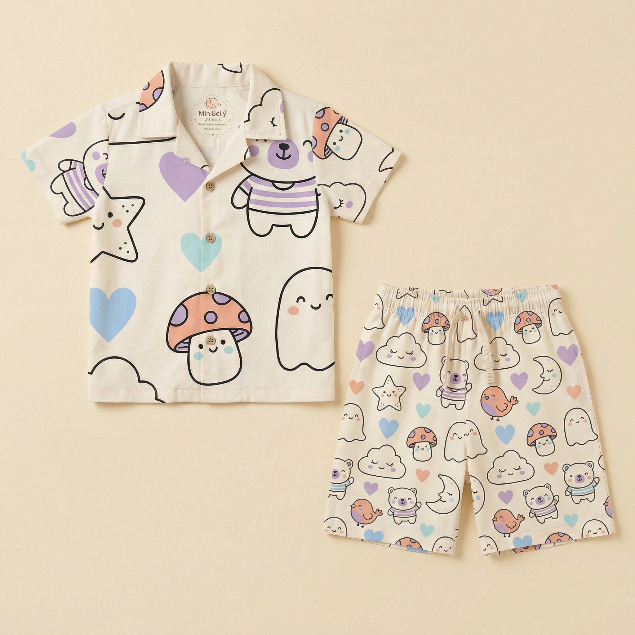 MiniBelly Half Shirt Pant Co-ord Set Kawaii cartoon doodles with bears, clouds, ghosts, and celestial elements 100% Cotton - minibelly