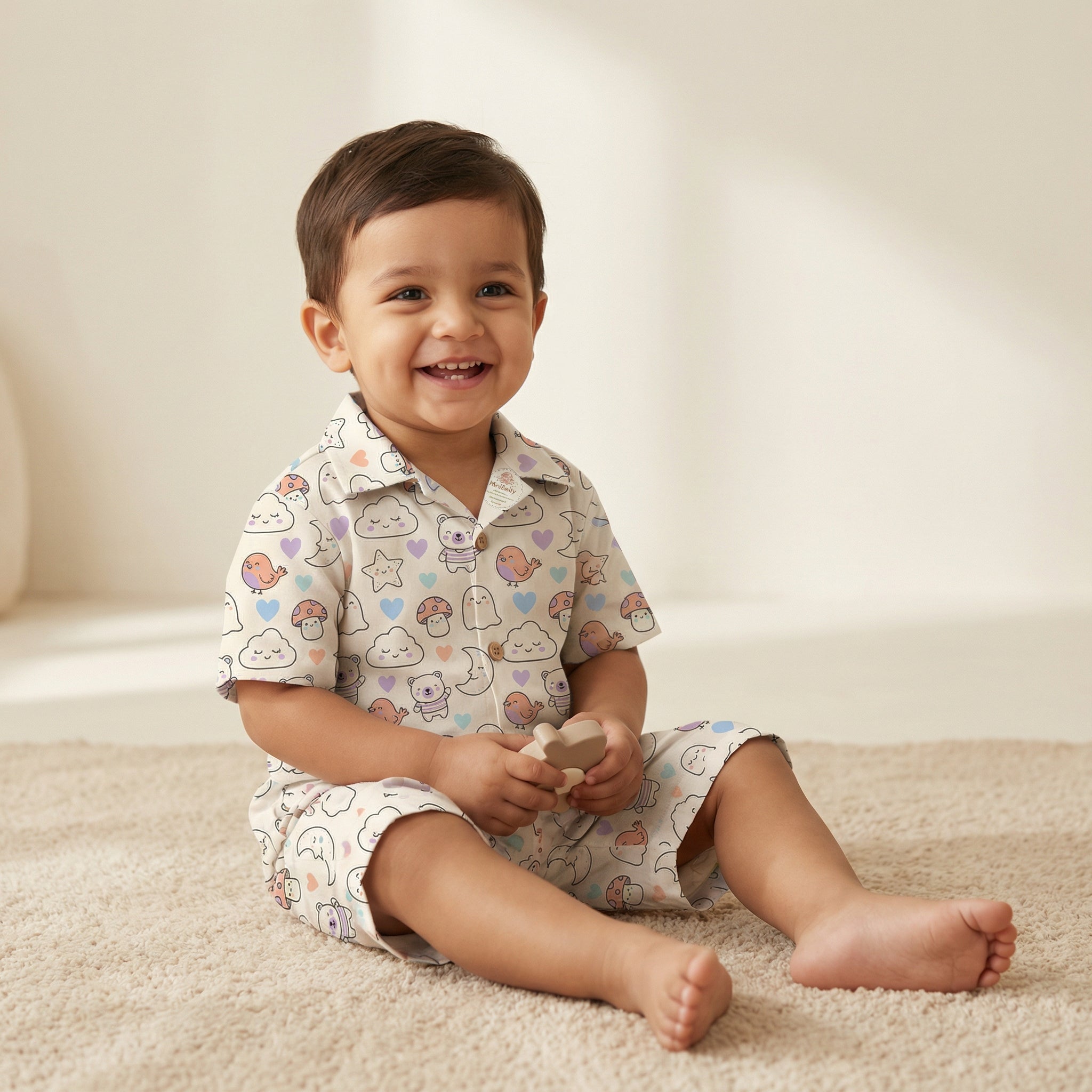 MiniBelly Half Shirt Pant Co-ord Set Kawaii cartoon doodles with bears, clouds, ghosts, and celestial elements 100% Cotton - minibelly