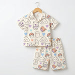 MiniBelly Half Shirt Pant Co-ord Set Kawaii cartoon doodles with bears, clouds, ghosts, and celestial elements 100% Cotton - minibelly