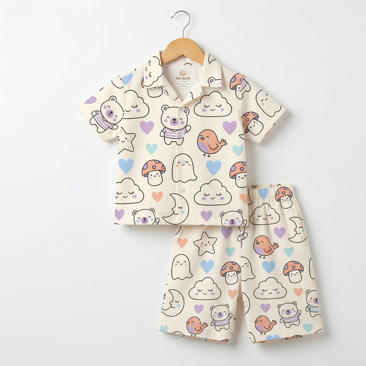 MiniBelly Half Shirt Pant Co-ord Set Kawaii cartoon doodles with bears, clouds, ghosts, and celestial elements 100% Cotton - minibelly